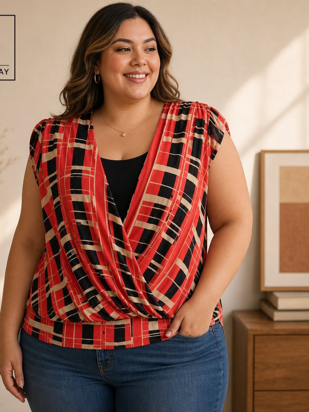 Josephine Plaid Surplice Sleeveless Blouse – Red, Black & Cream (Size XL)